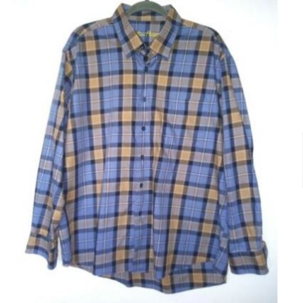 Alan Flusser Mens Shirt XL Tartan Plaid blue tan long sleeve Cotton